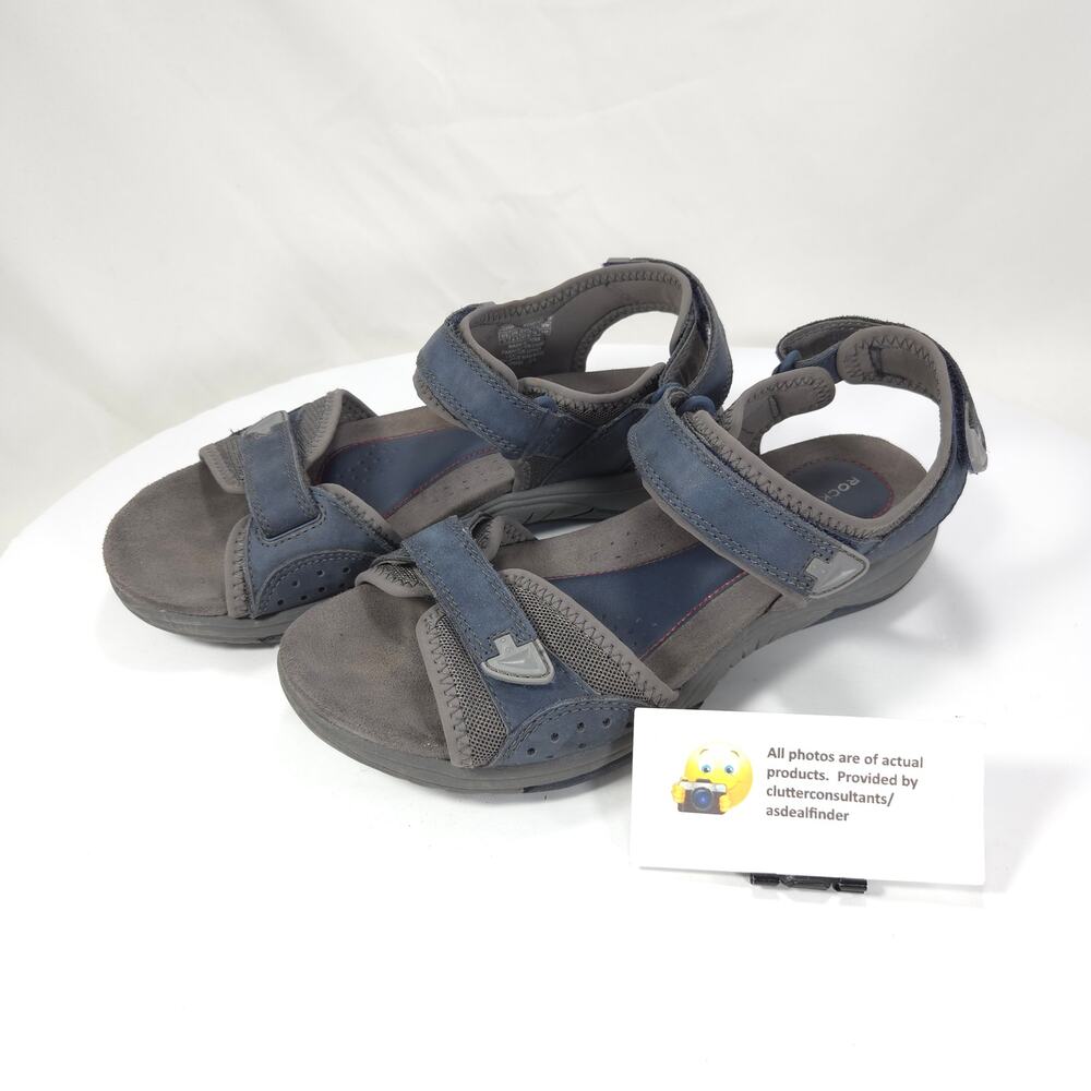 Rockport Gray and Navy Suede Sport Sandals Adjustable Straps front & back Sz 7